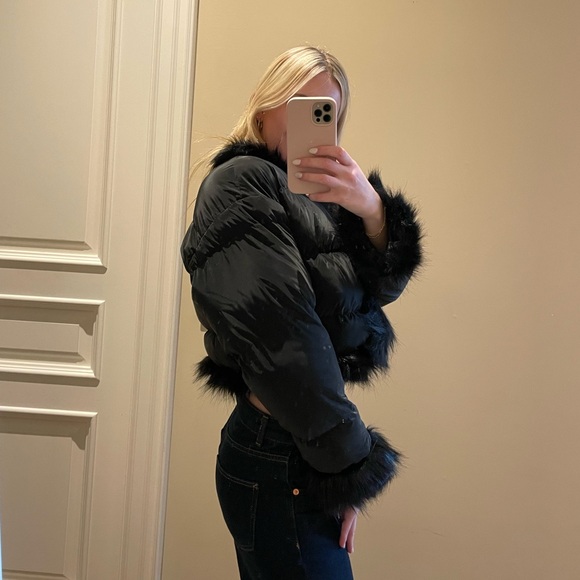 Black Furry Cropped Puffer Jacket - Picture 2 of 3